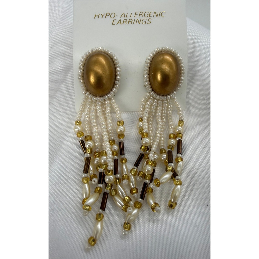 Vintage Western Faux Pearl Beaded Tassel Statement Earrings Hypo-Allergenic‎